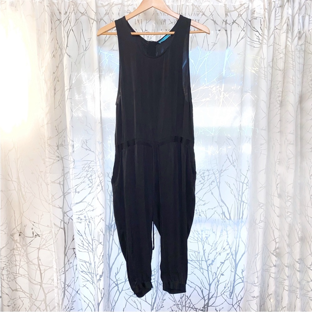 ALICE + OLIVIA black drawstring waist tie silk sleeveless tank jumpsuit - Picture 3 of 12